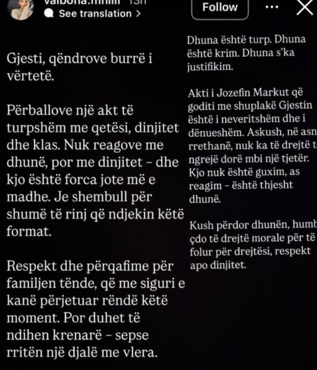 “I neveritshëm”, Valbona reagon per Jozin edhe Gjestin: Djalë me vlera, qëndrove burrë i vërtetë