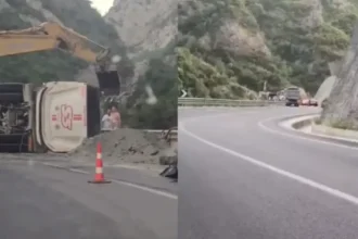 Aksident I Rëndë Në Shkallën E Tujanit. Përmbyset Kamioni Me Rërë, Shoferi...